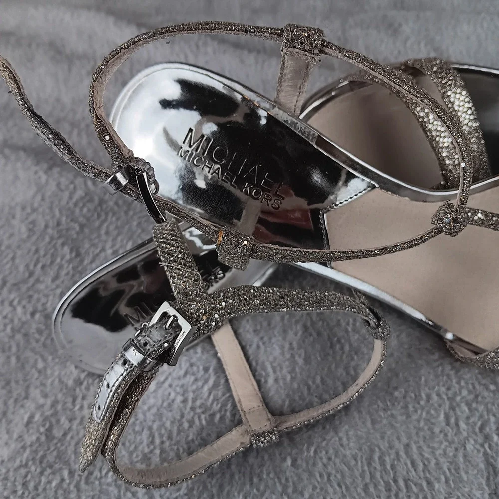 MICHAEL KORS Silver Glitter‎ Platform Stiletto Heels Sandals Women's Size 7.5M